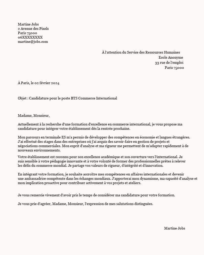 lettre de motivation pour une formation en BTS Commerce International